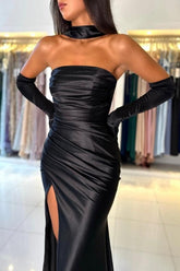 Simple Long Black Mermaid Strapless Satin Prom Evening Dresses with Slit
